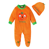 Season Boys and Girls' Long Sleeved Halloween Pumpkin Climbing Suit Romper+Hat Two Piece Set
