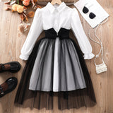 5-12Y Kid Girls Long-sleeved Lapel Waist Mesh Splicing Dresses