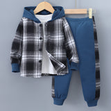 Boys and Children's New Long-sleeved Plaid Contrasting Color Hooded Two-piece Suit
