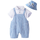 Baby Boy Summer Onesie Blue Striped Lapel Short-sleeved Suit 2 Pcs Set