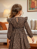 Leopard Print Long Sleeve Drip Neck Small Fly Sleeve Long Sleeve Ruffled Simple Dress