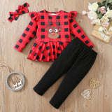 1-6T Kid Baby Girl Suit Christmas Plaid Deer Suits 3 Pcs Set