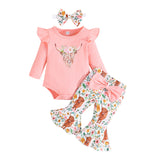 Baby Girl Fashion Casual Bull Head Printing Long-sleeved Flared 3 Pcs Sets