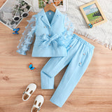 Kid Girls Long-sleeved Bow Mesh Sleeves Blazer 2 Pcs Set