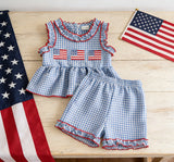 Baby Girl Summer Independence Day Flag Embroidered Sleeveless Top Shorts 2 pcs Sets