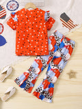 Independence Day Girls English Alphabet Print Short Sleeve Flared Pants Set