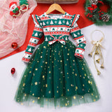 2-8Y Kid Girl Long-sleeve Crew Neck Bow Mesh Christmas Halloween Party Dresses