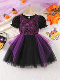 Girls' Halloween New Short-sleeved Spider Web Dress Black Purple Party Dress