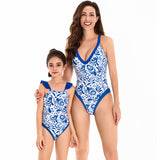 New Parent-child Swimsuit Women's High-waisted Bikini Adult Swimsuit Blue and White Porcelain