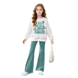 INS Girls Girls Floral and Slogan Pattern Shoulder Pullover and Flared Pants Two-piece Set