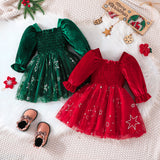 Kid Baby Christmas Cable Bubble Sleeve Splicing Mesh Dress