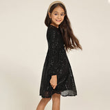 Kid Girls Sequins Party Long Sleeve Show Christmas Dance Dress