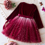 Kid Girls Long-sleeved Korean Stars Gradually Mesh Princess Dresses