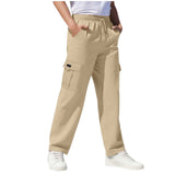 Boys Straight Elastic Waist Loose Lace-up Casual Pants Fashion Solid Color Pocket Tooling Trousers