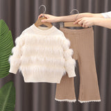 1-6T Kid Baby Girl Knitted Flared Long-sleeved Suit 2 Pcs Set