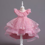 2-10T Kid Girl Shawl Lace Mesh Tutu Piano Host Performance Dresses