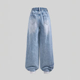 7-12Y Kid Teen Girl Fashion Explosion Ripped Star Decorated Wide Leg Jeans Pants