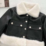 2-10T Kid Girl Leather Foreign Fur Collar Hip Suits 2 Pcs Set