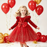 3-8Y Kid Girl Christmas Red Long Sleeve Bubble Sleeve Bow Dresses