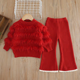 1-6T Kid Baby Girl Knitted Flared Long-sleeved Suit 2 Pcs Set