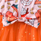2-8Y Kid Girl Long-sleeve Crew Neck Bow Mesh Christmas Halloween Party Dresses