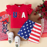 Kid Baby Summer USA Independence Day Embroidered Shorts 2 Pcs Set