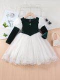 2-8Y Kid Baby Girls Autumn Winter Dark Green Long Sleeve Bubble Sleeve Party Dresses