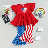 Independence Day Kid Baby Girl Fly Sleeve Love Star Stripe Flared 2 Pcs Set