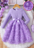 2-8Y Kid Baby Girls Solid Color Rose Flower Princess Dresses