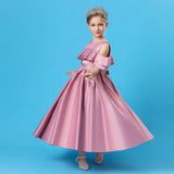 Kid Girl Satin Princess Pleated Long Detachable Temperament Hosting Dresses