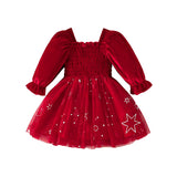 Kid Baby Christmas Cable Bubble Sleeve Splicing Mesh Dress