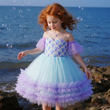 Kid Girls Mermaid Birthday Party Bubble Sleeve Cosplay Costume Dress