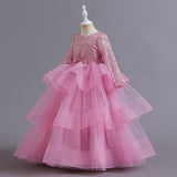 4-14T Kid Girl Long Sleeve Mesh Fluffy Princess Piano Host Birthday Dresses
