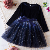 Kid Girls Long-sleeved Korean Stars Gradually Mesh Princess Dresses