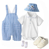Baby Boy Summer Onesie Blue Striped Lapel Short-sleeved Suit 2 Pcs Set