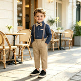 6M-8T Kid Boy British Long-sleeved Overalls Suit 4 Pcs Set