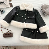 2-10T Kid Girl Leather Foreign Fur Collar Hip Suits 2 Pcs Set