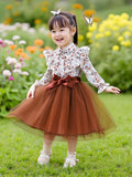 Kid Girls Long Sleeve Lapel Floral Mesh Dress