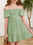 Kid Girl Summer Solid Halter Pleated Casual Dress
