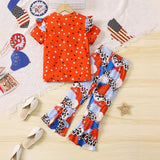 Independence Day Girls English Alphabet Print Short Sleeve Flared Pants Set