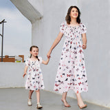 Family Matching  Butterfly Printing Bubble Sleeves Elegant Long Dresses