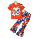 3-8 T Kid Girl Bow Independence Day Printed Short Sleeved Flared 2 Pcs Set