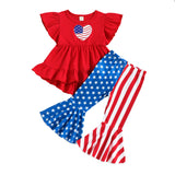 Independence Day Kid Baby Girl Fly Sleeve Love Star Stripe Flared 2 Pcs Set