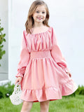 Kid Girl Square Collar Horn Long-sleeved Ruffle Big Swing Dresses