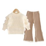 1-6T Kid Baby Girl Knitted Flared Long-sleeved Suit 2 Pcs Set