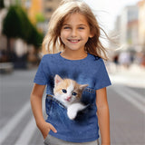 2-12T Kid Girl Cute Kitten 3D Digital Printing Casual Short-sleeved T-shirt
