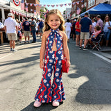 Kid Baby Girl Independence Day Flower Stripe Printed Neck Tie-Up Flared Pants