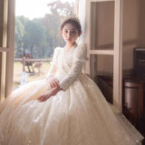 2-12T Kid Girls Luxury Flower Wedding Princess Host Piano Performance Dress