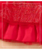 3-8Y Kid Girl Christmas Red Long Sleeve Bubble Sleeve Bow Dresses