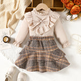 Kid Baby Girl Fall Long Sleeve Bow Lace Plaid 2 Pcs Sets